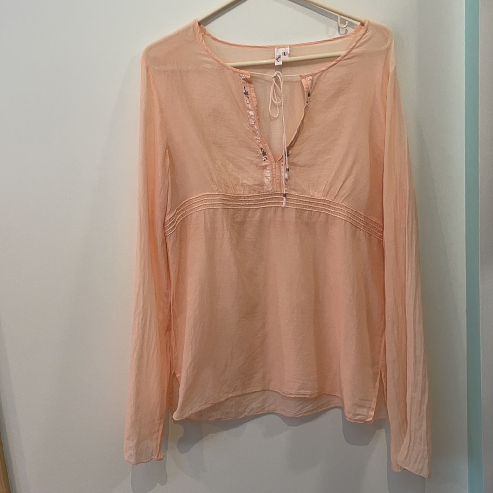 Joie top chiffon large peach Pearl accent long sleeve